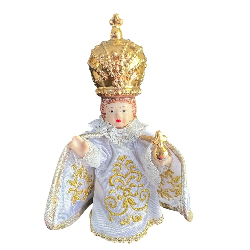 Vintage Infant Jesus Prague Figurine 5.5" Porcelain Gold Crown Embroidered Cape